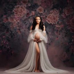 Maternity Dresses Photography props for pregnant women transparent thin gauze pearl long dress for pregnant women photography props fabric Q240413