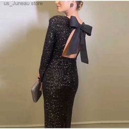 Basic Casual Dresses Black Sequins Bow Dress Women Sexy Backless Long Slve O-neck Female Dresses 2023 Winter Fashion Party Club Lady Vestido 1 T240415