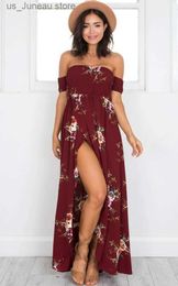 Basic Casual Dresses Womens Off Shoulder Floral Print Boho Dress 2023 Women Beach Summer Dresses Ladies Strapless Long Maxi Dress Vestidos XS-5XL 1 T240415