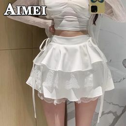 Womens Y2K Clothes Summer White Ruffle Mini Skirt Lace Patchwork Cute High Waist Sexy Aline Short Skirts Korean Style 2023 240403