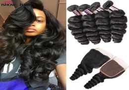 Brazilian Loose Wave Human Hair Bundles Weaves With 4x4 Lace Closure Natural Black Colour Hair Extensions7923654