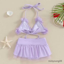 One-Pieces Baby Girl Summer Swimsuit 2 Piece Bikini Set Halter Neck 3D Flower Tie Up Tops + Elastic Waist Shorts Sheer Mesh Bathing Suit