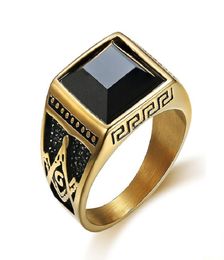 Gold Color Stainless Steel Men Masonic Rings Setting Black Big Stone mason Masonic Ring For Men Jewelry2612171