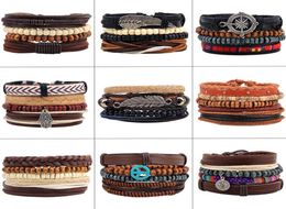 4pcsset Handmade Boho Gypsy Hippie Black Leather Rope Cord Wing Hand Leaves Compass Charm Stackable Wrap Bracelets for Man4680502