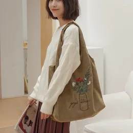 Bag Ladies Corduroy Shoulder Flowers Embroidery Female Literary Cloth Handbag Casual Tote Eco Simple Shopping Bags For Girls