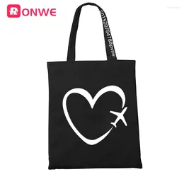 Shopping Bags Travel Plane Heart Love Black Print Women Canvas Bag Female Girl Tote Eco 90s Style Shopper Shoulder Drop Ship