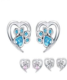 Blue Crystal Pet Paw Stud Earrings for Girl Heart Shape CZ Footprint Ear Studs Jewelry Women Design Bijoux SCE65432155083367203