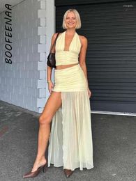 Work Dresses BOOFEENAA Sexy 2 Pieces Set Crop Top And Mesh Patchwork Ruched Split Long Skirt Sets Summer Vacation Outfits Woman 2024