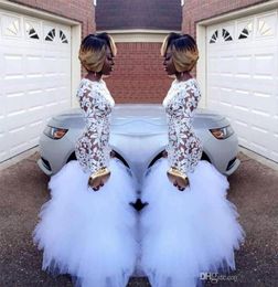 2018 African White Mermaid Lace Prom Dresses for Black Girls Long Sleeves Ruffles Tulle Floor Length Plus Size Evening Prom Gowns 6138007