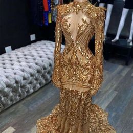 Vestidos de baile de sereia longa de lantejoulas de ouro brilhante 2024 Manga cheia de pescoço alto Veja através de mulheres africanas Meninas negras vestidos de noite