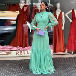 Party Dresses Verngo High Neck Dotted Tulle Minit Green Evening Puff Long Sleeves A Line Floor Length Modest Formal Prom Dress