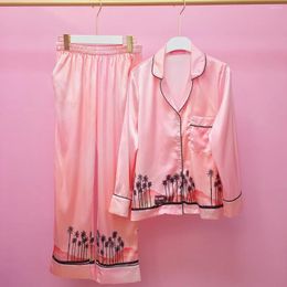 Home Clothing 2024 Spring Autumn Women's Luxury Silk Pajamas Pink Print Long Sleeve Shirt Trousers Two Piece Wear Female Sleepwear