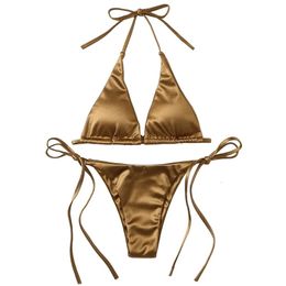 Sexy Womens Metallic Halter Top Two Piece Swimsuit Tie Side Triangle Bikini Summer Solid Bathing Suit Beachwear Set 240408