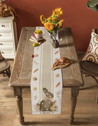 Easter Rabbit Carrots Bunny Eggs Happy Easter Linen Table Runner Washable Dresser Decor Dining Party Holiday Wedding Table Decor