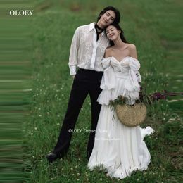 OLOEY Sexy Off Shoulder A Line Korea Wedding Dresses Puff Long Sleeves Bridal Gowns Sweep Train Mariage Photoshoot