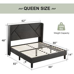 Queen Mordern Bed Frame with Wingback,Minimalist Upholstered Platform Bed, 8" Storage Space, No Box Spring Needed, Easy Assembly
