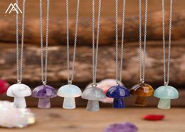 Carved Gemstones Mushroom Pendant Charms Stainlesssteel Chain Women Healing Crystals Figurine Pendant Necklace Jewelry2116366