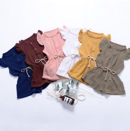 Girl Summer Casual Jumpsuits Girls Summer Solid Colour Small Flying Sleeve Siamese Pants Kids Lersure Clothes Girls With Pocket1410918
