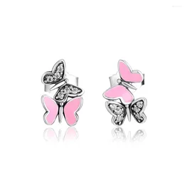 Stud Earrings Fluttering Butterflies With Soft Pink Enamel & Clear CZ 925 Sterling-Silver-Jewelry