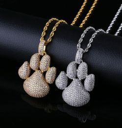 Micro Paved Cubic Zirconia Bling Iced Out Puppy Little Dog Paw Pendants Necklace for Men Boys Hip Hop Rapper Jewellery Gold1026948