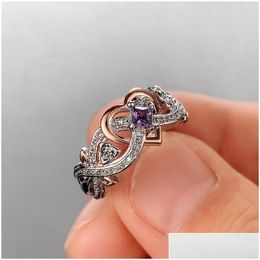 Band Rings Creative Womens Heart With Romantic Rose Flower Design Engagement Love Ring Aesthetic Jewellery Drop Delivery Dhk35