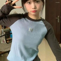Women's T Shirts HOUZHOU Y2k Vintage Long Sleeve Tshirts Women Patchwork Kpop Autumn Korean Fashion Aesthetic Slim Tees Harajuku Gyaru Top