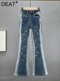 Women's Jeans High Waist Slim Wash Full Diamonds Rhinestone Bleached Long Denim Flare Pants 2024 Autumn Fashion 29L3921