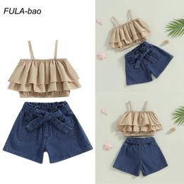 Clothing Sets Summer 2Pcs Outfits 3-8Years Toddler Baby Girl Solid Colour Sleeveless Cami Ruffles Tops Elastic Waist Denim Shorts With Belt