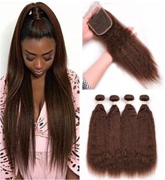 4 Medium Brown Kinky Straight Malaysian Hair Bundles with Closure Chocolate Brown Coarse Yaki Human Hair 4Bundles with Lace Closu39867629