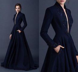 Navy Blue Satin Evening Dresses Embroidery Paolo Sebastian Dresses Custom Made Beaded Formal Party Wear Plunging V Neck Ball Gowns3332503