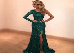Sparkly Sequined Green Mermaid Prom Dresses 2017 Custom Made One Shoulder Long Evening Party Dress Sexy side Slit robe de soiree4618172