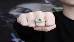 14K Hip hop Masterpiece Gold CZ Bling Rings Mens Micro Pave Cubic Zirconia Simulated Solitaire Diamonds Ring1507547