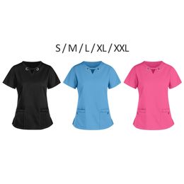 Womens V Neck Scrub Top Professional Short Sleeves Shirt Nurse Work Clothing for Pet Grooming SPA Cosmetology Beauty Salon
