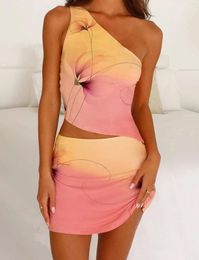 Work Dresses Women Skirt Set Flower Print Sleeveless One-Shoulder Vest With Mini A-Line Summer Outfit Streetwear Skin Friendly