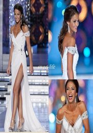 White Miss World 2019 Pageant Evening Gowns Off the Shoulder White Full Length Beads Backless Sexy High Split Cheap Long Prom Part5447166