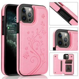 Fashion Flower Butterfly Emed Card Slot Leather Case For iPhone 15 14 13 12 11 Pro XR XS Max 8 7 Plus