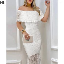 Party Dresses HLJ White Fashion Off Shoulder Lace Bodycon Women Short Sleeve Slim Mermaid Dress Lady Solid Colour Club Vestidos