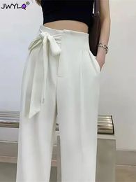 Summer Bow Tie Elastic Waist Cotton Linen Pants Women Baggy Straight Trousers Vintage Pantalones Casual Anklelength Spodnie 240410