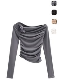Women's T Shirts Off-the-Shoulder Pleated Killer Slim Fit Long-Sleeved T-shirt Bottoming Shirt