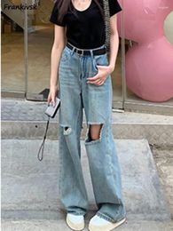 Women's Jeans Asymmetrical Women Frayed Vintage Elegant Hole Summer High Waist Korean Style Trendy Casual Loose Wide Leg Solid Retro