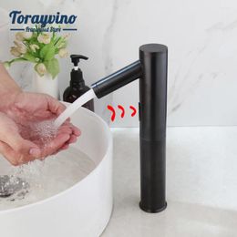 Bathroom Sink Faucets Torayvino Basin Automatic Sensor Faucet Deck Mounted Stream Water Matter Black Round With And Cold Mixer Taps