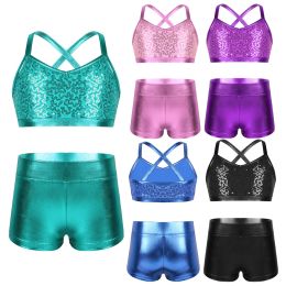 Shorts Kids Girls Tankini Ballet Dance Clothes Set Shiny Sequins Tank Crop Top with Shorts Tracksuit Outfit Workout Gymnastics Costume