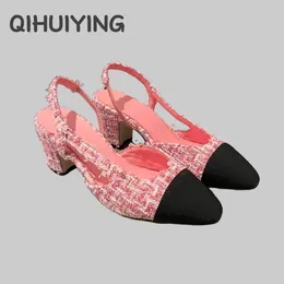 Dress Shoes Classics Top Quality Costume Tweed Round-Toe Chunky Heel Slingback Woman Sandals Mix Colors Mary Janes Pumps Office Lady