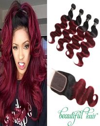 1B99J Malaysian Indian Peruvian Brazilian Virgin Body WaveStraight Ombre Burgundy Human Hair With 44 Lace Closure Bundles With 8149514086