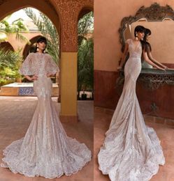 Crystal Design Mermaid Wedding Dresses With Shawl Sweep Train Lace Applique Beach Wedding Gown Elegant Sleeveless Plus Size Bridal6388974