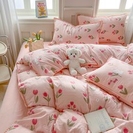 Pink Tulip Double Layer Yarn Quilt Cover Bed Sheet Pillowcase Twin Queen Size Bedding Set Girls Women Duvet Cover Set No Filler