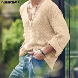 INCERUN Men T Shirt Solid Colour Knitted V Neck Long Sleeve Casual Men Clothing Streetwear Hollow Out Loose Camisetas S-5XL 240327
