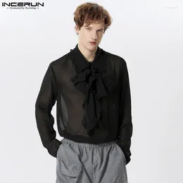 Men's Casual Shirts INCERUN Tops 2024 American Style Mens See-through Chiffon Ribbon Blouse Handsome Male Ruffled Edge Long Sleeved S-5XL