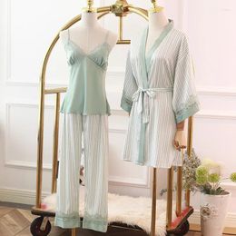 Women's Sleepwear Three Piece Set Robe Suspender Long Pants Pajamas Striped V-Neck Sexy Lace Nightwear Satin Casual Loose Fitting Home
