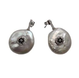GuaiGuai Jewellery Natural 22MM Big White Coin Keshi Pearl Earrings Cz Pave Stud Handmade For Women5475653